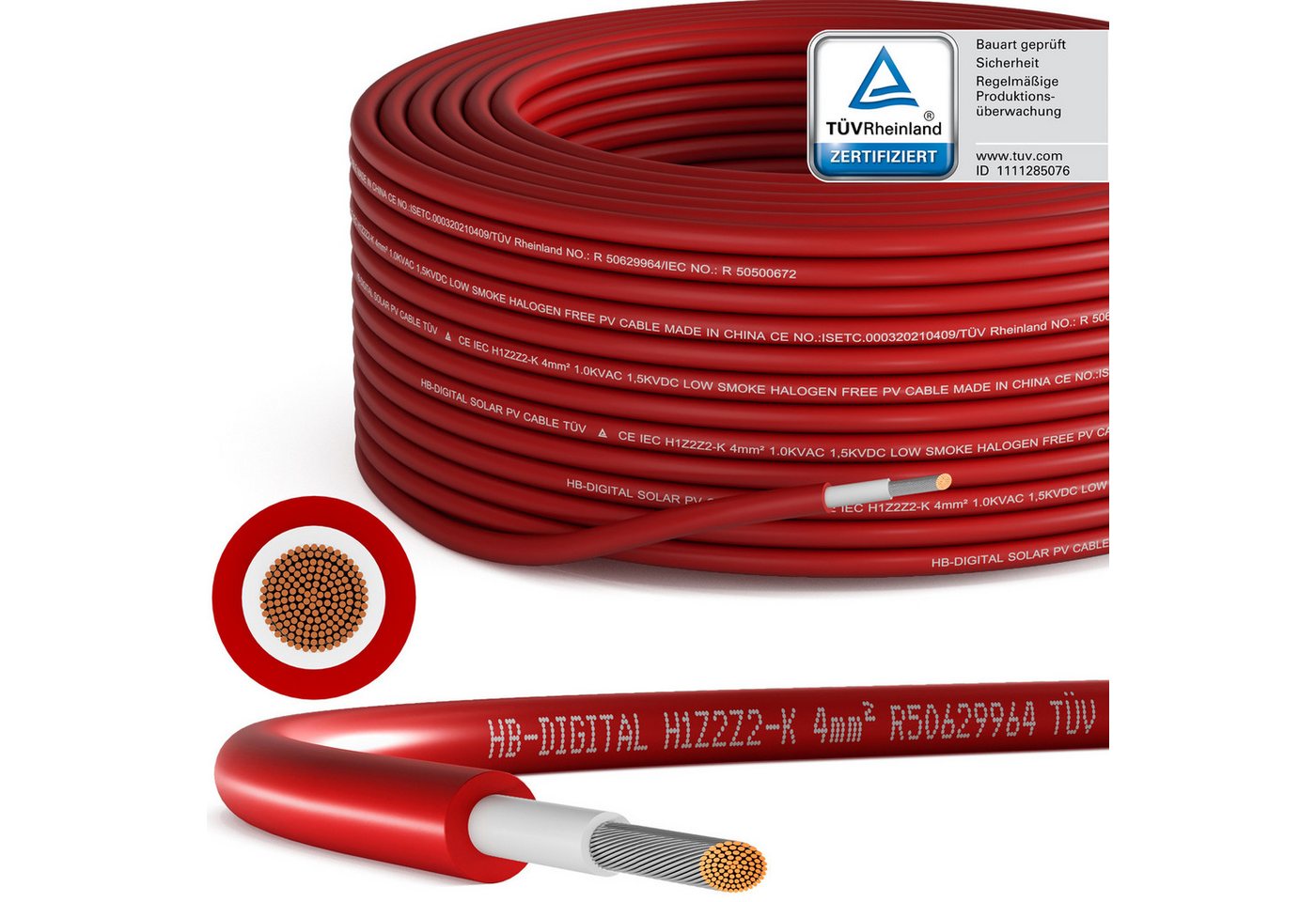 HB-DIGITAL Solarkabel Reines Kupfer 4mm² Rot 5m Solarkabel, Solarstecker, (500 cm), TÜV Rheinland zertifizierte PV Kabel von HB-DIGITAL