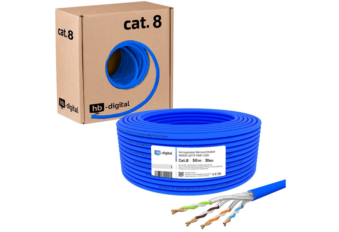 HB-DIGITAL Verlegekabel,Netzwerkkabel CAT.8 Blau 50m Netzwerkkabel, Netzwerkstecker, (5000 cm), Brandschutzklasse BauPVO: B2ca s1a d1 a1 von HB-DIGITAL