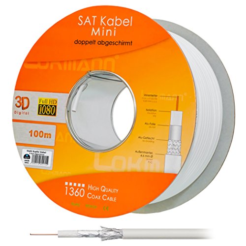 HB Digital 100m Koaxial SAT Kabel CCS Weiß extra dünn 4,6mm Ø Koax Kabel Antennenkabel 100dB 2-Fach geschirmt für DVB-S / S2 DVB-C und DVB-T BK Anlagen Mini von HB-DIGITAL