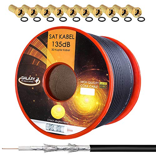 HB Digital 135dB 25m Koaxial SAT Kabel Reines KU Kupfer Schwarz Koax Kabel Antennenkabel 5-Fach geschirmt für DVB-S / S2 DVB-C und DVB-T BK Anlagen + 10 vergoldete F-Stecker mit Gummiring Set von HB-DIGITAL