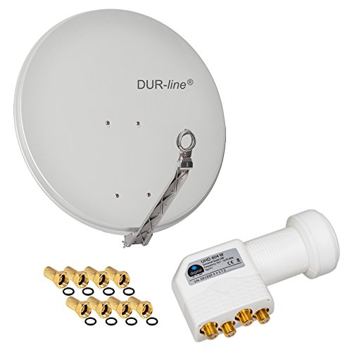 HB Digital 4 Teilnehmer SET - Dur-Line Select ALU SAT Anlage 75/80cm Spiegel Schüssel Hellgrau + Quad LNB Weiß zum Empfang von DVB-S/S2 Full HD 3D Ultra HD (UHD) Signale auf bis zu 4 Receiver + 8 Stecker Gratis dazu im SET von HB-DIGITAL