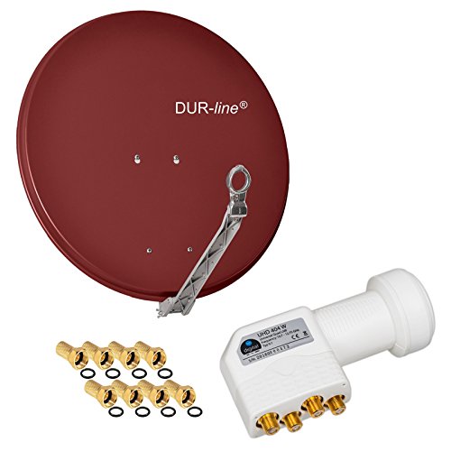 HB Digital 4 Teilnehmer SET - Dur-Line Select ALU SAT Anlage 75/80cm Spiegel Schüssel Ziegelrot + Quad LNB Weiß zum Empfang von DVB-S/S2 Full HD 3D Ultra HD (UHD) Signale auf bis zu 4 Receiver + 8 Stecker Gratis dazu im SET von HB-DIGITAL