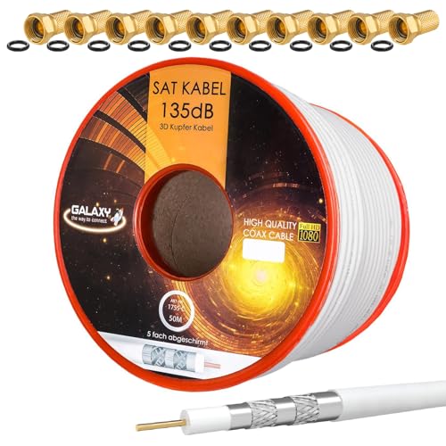 HB-Digital 50m 135dB Koaxial SAT Kabel Reines KU Kupfer Koax Kabel Antennenkabel 5-fach geschirmt für DVB-S / S2 DVB-C und DVB-T DAB+ Radio UHD 4K 8K BK Anlagen + 10 vergoldete F-Stecker mit Gummiring von HB-DIGITAL