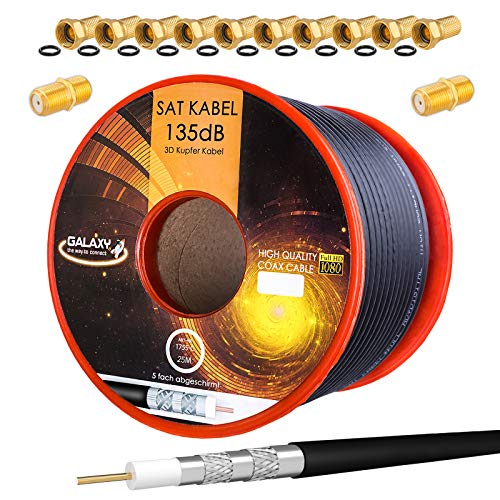 HB-Digital Set 25m Koaxial SAT Kabel 135db Schwarz + 10x F-Stecker & 2X F-Verbinder vergoldet | CU Kupfer Satellit Antennenkabel 5-Fach geschirmt für DVB-S/S2 -C/C2 -T/T2 DAB+ Radio BK Anlagen von HB-DIGITAL