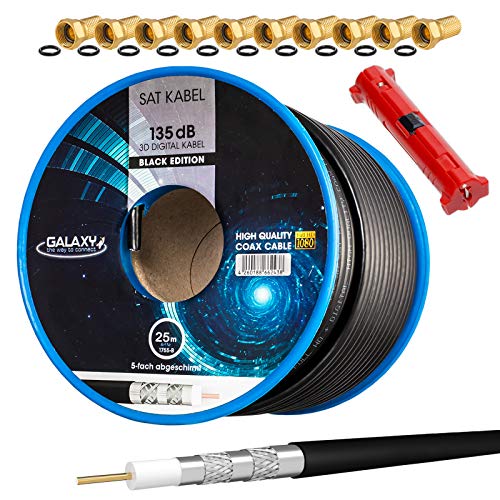 HB-Digital Set 25m Koaxial SAT Kabel 135db Schwarz + 10x F-Stecker vergoldet + 1x Abisolierer | CCS Stahl Kupfer Satellit Antennenkabel 5-Fach geschirmt für DVB-S/S2 -C/C2 -T/T2 DAB+ Radio Anlagen von HB-DIGITAL