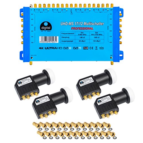HB-Digital Set: Quattro LNB Schwarz (Test: SEHR GUT) + Multischalter pmse 17/12 bis zu 4х Satellit und bis zu 12x Teilnehmer/Receiver für HDTV 3D 4K UHD mit Netzteil + 45 Vergoldete F-Stecker von HB-DIGITAL