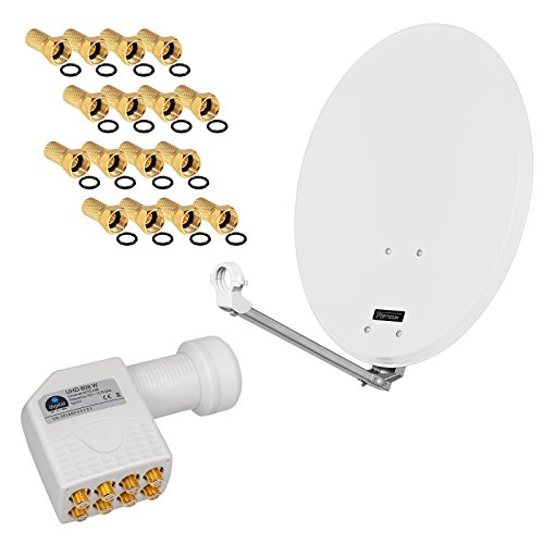 HD Digital SAT Anlage 60cm ALU Spiegel Schüssel Hellgrau + Octo LNB 8 Teilnehmer zum Empfang von DVB-S/S2 Full HD 3D 4K Ultra HD (UHD) Signale + Stecker Gratis dazu im Set von HB-DIGITAL