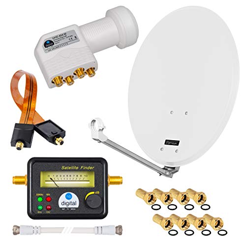 HD Digital SAT Anlage 60cm Spiegel Schüssel Hellgrau ALU Aluminium + Quad LNB Weiß 4 Teilnehmer zum Empfang von DVB-S/S2 Full HD Ultra HD (UHD) Signale + Sat-Finder + Fensterdurchführung + F-Stecker von HB-DIGITAL