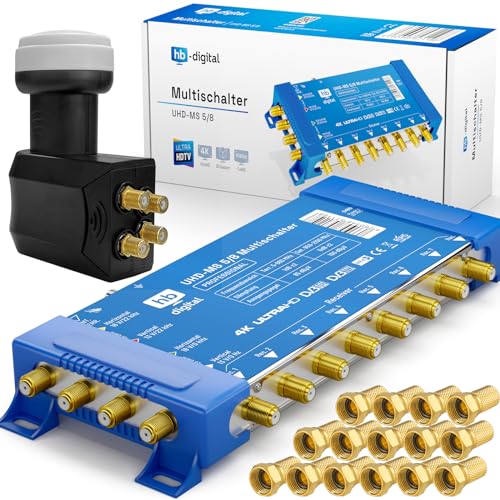 Hochwertiger Quattro LNB + Multischalter pmse 5/8 HB-DIGITAL 1x SAT bis 8 x Teilnehmer/Receiver für Full HDTV 3D 4K UHD mit Netzteil + 25 Vergoldete F-Stecker Gratis dazu Hochwertiger Quattro LNB + Multischalter pmse 5/8 HB-DIGITAL 1x SAT bis 8 x Teilnehmer/Receiver für Full HDTV 3D 4K UHD mit Netzteil + 25 Vergoldete F-Stecker Gratis dazu von HB-DIGITAL