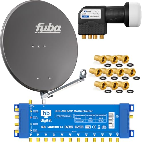 Profi-Sat-Anlage: Fuba 80cm Satellitenantenne DAL 800A anthrazit Aluminium Reflektor + HB-DIGITAL 5/12 Multischalter (1 Satellit / 12 Teilnehmer Multiswitch) + UHD Quattro LNB + vergoldete F-Stecker von HB-DIGITAL