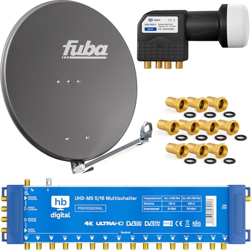 Profi-Sat-Anlage: Fuba 80cm Satellitenantenne DAL 800A anthrazit Aluminium Reflektor + HB-DIGITAL 5/16 Multischalter (1 Satellit / 16 Teilnehmer Multiswitch) + UHD Quattro LNB + vergoldete F-Stecker von HB-DIGITAL