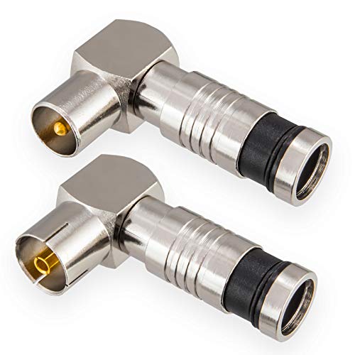 Winkelstecker Set 1x Stecker & 1x Buchse für Kabelfensehen Antennenstecker DVB-C Radio DVB-T2 TV IEC (männlich + weiblich) Kompressionsstecker Veredelt für Antennenkabel Kabel BK Anlagen 4K 90° Grad von HB-DIGITAL