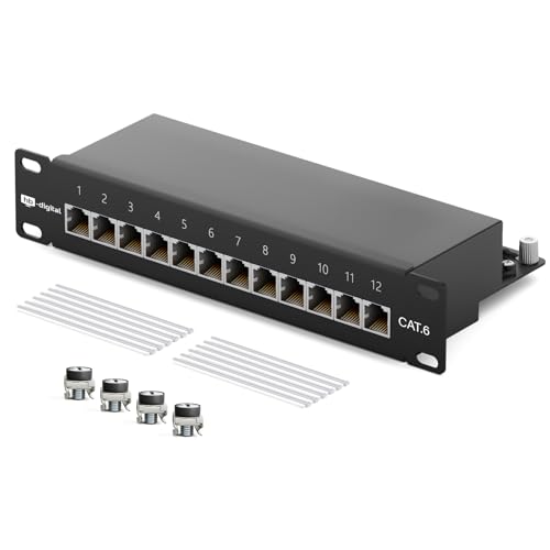 hb-digital CAT 6 Patchpanel Verteilerfeld Patchfeld 10" Zoll 12-Port 10 Gbps vollgeschirmte RJ45 Buchsen LSA-Leisten Schneidklemmen AWG 22-26 TIA568A + TIA568B PoE++ Unterstützung - Schwarz von HB-DIGITAL