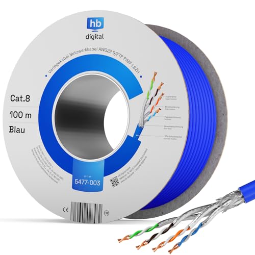 hb-digital 100m CAT 8 Netzwerkkabel LAN Kabel Verlegekabel Ethernet Installationskabel 40 Gbit/s AWG 22/1 reines Kupfer S/FTP LSZH BauPVO Klasse B2ca Datenkabel Simplex - Blau hb-digital 100m CAT 8 Netzwerkkabel LAN Kabel Verlegekabel Ethernet Installationskabel 40 Gbit/s AWG 22/1 reines Kupfer S/FTP LSZH BauPVO Klasse B2ca Datenkabel Simplex - Blau von HB-DIGITAL