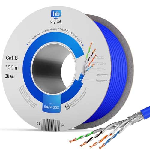 hb-digital 100m CAT 8.1 Netzwerkkabel Verlegekabel Installationskabel Datenkabel Ethernet LAN Kabel CAT 8 bis zu 40 Gbit/s Kupfer S/FTP 2000MHz PiMF LSZH Halogenfrei AWG 22/1 blau von HB-DIGITAL