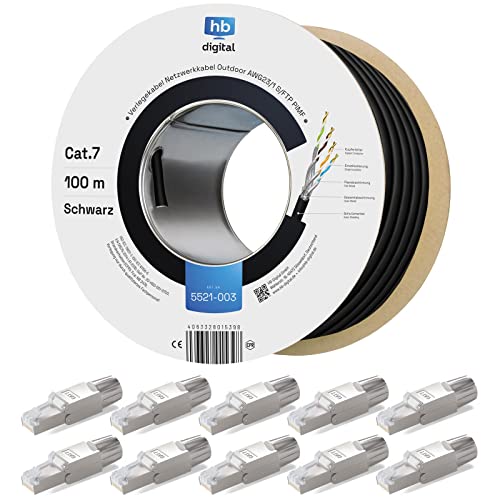 hb-digital 100m Cat 7 Verlegekabel Outdoor schwarz AWG23/1 PE S/FTP doppelt geschirmt PIMF Reines Kupfer 1000MHz 10Gbits Netzwerk Installation Ethernet für Außenbereich + 10x Cat.7 Netzwerkstecker hb-digital 100m Cat 7 Verlegekabel Outdoor schwarz AWG23/1 PE S/FTP doppelt geschirmt PIMF Reines Kupfer 1000MHz 10Gbits Netzwerk Installation Ethernet für Außenbereich + 10x Cat.7 Netzwerkstecker von HB-DIGITAL