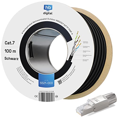 hb-digital 100m Cat 7 Verlegekabel Outdoor schwarz AWG23/1 PE S/FTP doppelt geschirmt PIMF Reines Kupfer 1000MHz 10Gbits Netzwerk Installation Ethernet für Außenbereich + 1x Cat.7 Netzwerkstecker von HB-DIGITAL