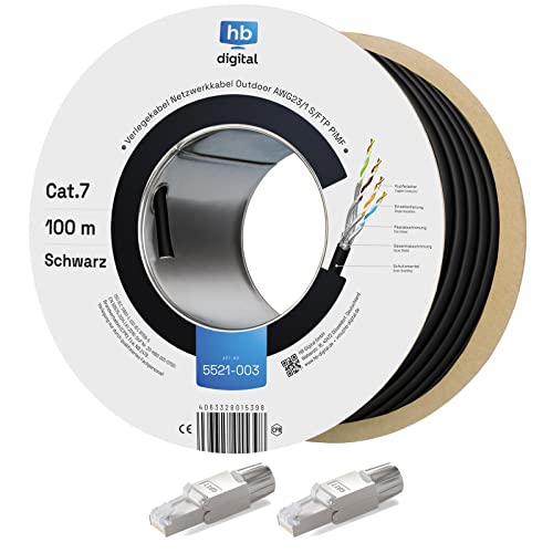 hb-digital 100m Cat 7 Verlegekabel Outdoor schwarz AWG23/1 PE S/FTP doppelt geschirmt PIMF Reines Kupfer 1000MHz 10Gbits Netzwerk Installation Ethernet für Außenbereich + 2X Cat.7 Netzwerkstecker von HB-DIGITAL