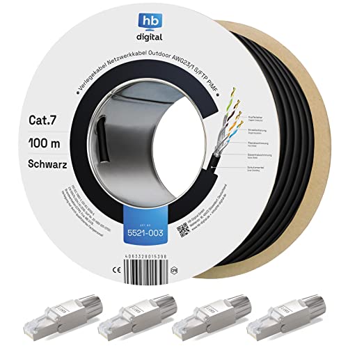 hb-digital 100m Cat 7 Verlegekabel Outdoor schwarz AWG23/1 PE S/FTP doppelt geschirmt PIMF Reines Kupfer 1000MHz 10Gbits Netzwerk Installation Ethernet für Außenbereich + 4X Cat.7 Netzwerkstecker hb-digital 100m Cat 7 Verlegekabel Outdoor schwarz AWG23/1 PE S/FTP doppelt geschirmt PIMF Reines Kupfer 1000MHz 10Gbits Netzwerk Installation Ethernet für Außenbereich + 4X Cat.7 Netzwerkstecker von HB-DIGITAL