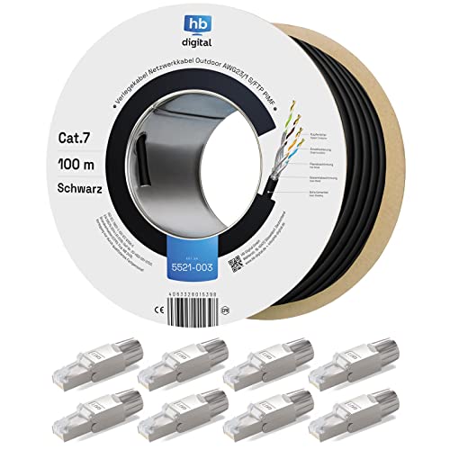 hb-digital 100m Cat 7 Verlegekabel Outdoor schwarz AWG23/1 PE S/FTP doppelt geschirmt PIMF Reines Kupfer 1000MHz 10Gbits Netzwerk Installation Ethernet für Außenbereich + 8X Cat.7 Netzwerkstecker hb-digital 100m Cat 7 Verlegekabel Outdoor schwarz AWG23/1 PE S/FTP doppelt geschirmt PIMF Reines Kupfer 1000MHz 10Gbits Netzwerk Installation Ethernet für Außenbereich + 8X Cat.7 Netzwerkstecker von HB-DIGITAL