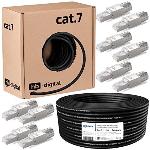 hb-digital 25m Cat 7 Verlegekabel Outdoor schwarz AWG23/1 PE S/FTP doppelt geschirmt PIMF Reines Kupfer 1000MHz 10Gbits Netzwerk Installation Ethernet für Außenbereich + 10x Cat.7 Netzwerkstecker von HB-DIGITAL