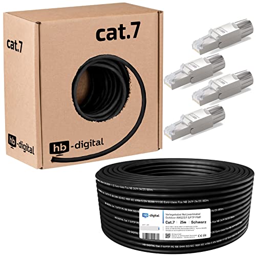 hb-digital 25m Cat 7 Verlegekabel Outdoor schwarz AWG23/1 PE S/FTP doppelt geschirmt PIMF Reines Kupfer 1000MHz 10Gbits Netzwerk Installation Ethernet für Außenbereich + 4X Cat.7 Netzwerkstecker von HB-DIGITAL