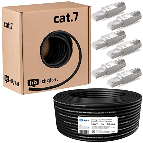hb-digital 25m Cat 7 Verlegekabel Outdoor schwarz AWG23/1 PE S/FTP doppelt geschirmt PIMF Reines Kupfer 1000MHz 10Gbits Netzwerk Installation Ethernet für Außenbereich + 6X Cat.7 Netzwerkstecker von HB-DIGITAL