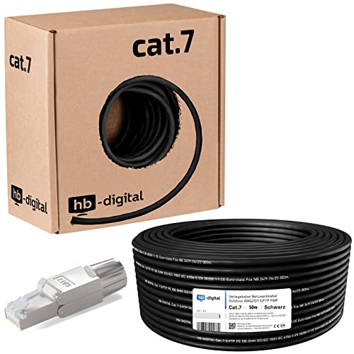 hb-digital 50m Cat 7 Verlegekabel Outdoor schwarz AWG23/1 PE S/FTP doppelt geschirmt PIMF Reines Kupfer 1000MHz 10Gbits Netzwerk Installation Ethernet für Außenbereich + 1x Cat.7 Netzwerkstecker von HB-DIGITAL