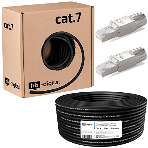 hb-digital 50m Cat 7 Verlegekabel Outdoor schwarz AWG23/1 PE S/FTP doppelt geschirmt PIMF Reines Kupfer 1000MHz 10Gbits Netzwerk Installation Ethernet für Außenbereich + 2X Cat.7 Netzwerkstecker von HB-DIGITAL