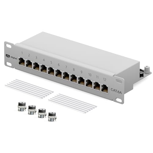 hb-digital CAT 6a Patchpanel Verteilerfeld Patchfeld 10" Zoll 12-Port 10 Gbps vollgeschirmte RJ45 Buchsen LSA-Leisten Schneidklemmen AWG 22-26 TIA568A + TIA568B PoE++ Unterstützung - Hellgrau von HB-DIGITAL