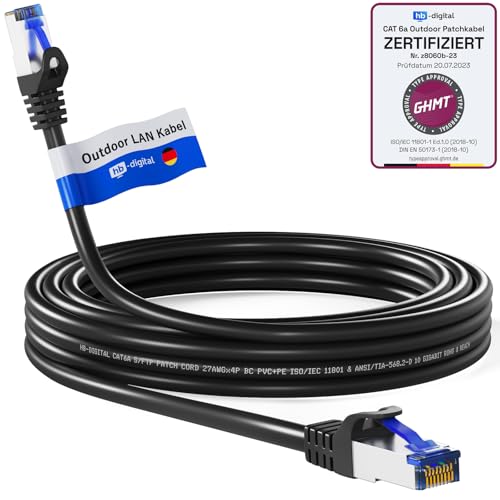 hb-digital 7,5m CAT 6a Outdoor LAN Kabel Netzwerkkabel Patchkabel IP66 - GHMT Zertifiziert - RJ45 Ethernet S/FTP PiMF 10 Gbit/s AWG 26 für Außen- & Innenbereich wasserdicht - Schwarz von HB-DIGITAL