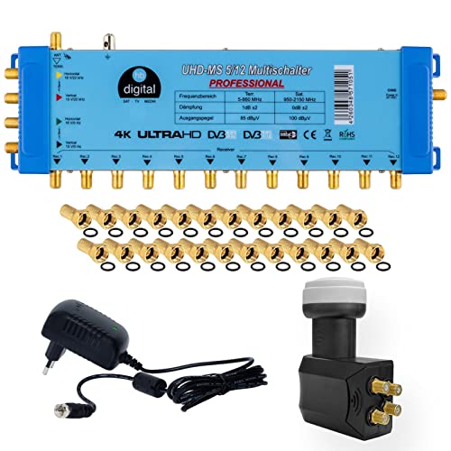 hb-digital Multischalter pmse 5/12 für 1x SAT bis 12 x Teilnehmer/Receiver mit Netzteil + Quattro LNB Profi für Full HDTV 3D 4K UHD + 25 Vergoldete F-Stecker mit Gummidichtung hb-digital Multischalter pmse 5/12 für 1x SAT bis 12 x Teilnehmer/Receiver mit Netzteil + Quattro LNB Profi für Full HDTV 3D 4K UHD + 25 Vergoldete F-Stecker mit Gummidichtung von HB-DIGITAL