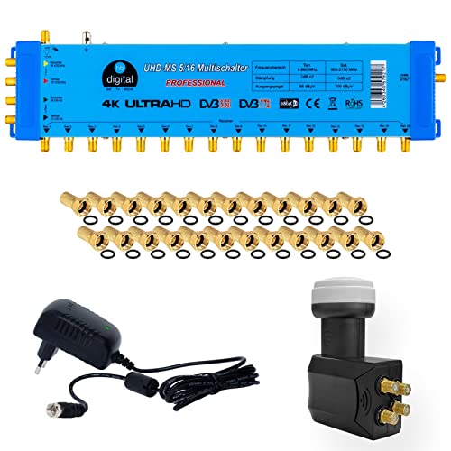 hb-digital Multischalter pmse 5/16 für 1x SAT & bis zu 16 x Teilnehmer/Receiver mit Netzteil + Quattro LNB Profi für Full HDTV 3D 4K UHD + 30 Vergoldete F-Stecker mit Gummidichtung hb-digital Multischalter pmse 5/16 für 1x SAT & bis zu 16 x Teilnehmer/Receiver mit Netzteil + Quattro LNB Profi für Full HDTV 3D 4K UHD + 30 Vergoldete F-Stecker mit Gummidichtung von HB-DIGITAL