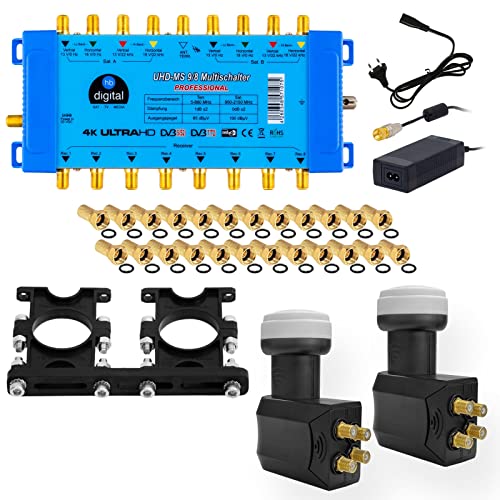 hb-digital Multischalter pmse 9/8 für 8X SAT & bis zu 8 x Teilnehmer/Receiver mit Netzteil + 2X Quattro LNB Profi für Full HDTV 3D 4K UHD + 30 Vergoldete F-Stecker mit Gummidichtung hb-digital Multischalter pmse 9/8 für 8X SAT & bis zu 8 x Teilnehmer/Receiver mit Netzteil + 2X Quattro LNB Profi für Full HDTV 3D 4K UHD + 30 Vergoldete F-Stecker mit Gummidichtung von HB-DIGITAL