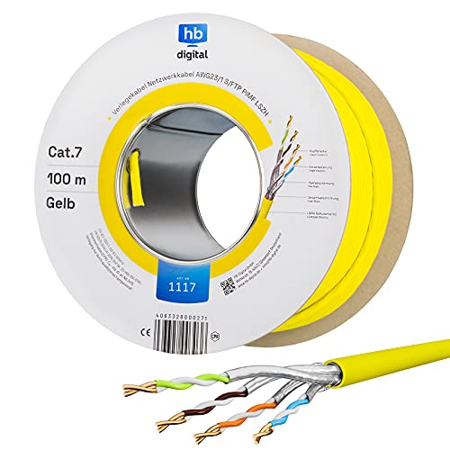 hb-digital Netzwerkkabel LAN Verlegekabel Cabel 100m CAT 7 Kupfer Profi S/FTP PIMF LSZH Halogenfrei gelb RoHS-Compliant cat. 7 Cat7 AWG 23/1 von HB-DIGITAL