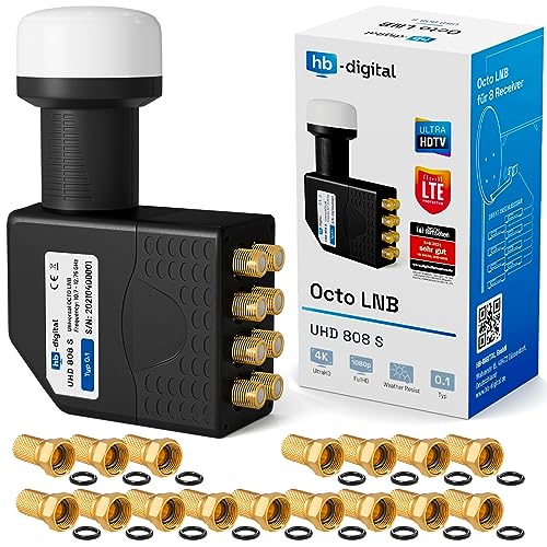 hb-digital Octo LNB - Test SEHR GUT* - für 8 Teilnehmer LTE Filter 8-Fach Full HD 4K 0.1dB mit Wetterschutz + 16x F-Stecker für TV Fernseher SAT Receiver Satellitenschüssel - Schwarz von HB-DIGITAL