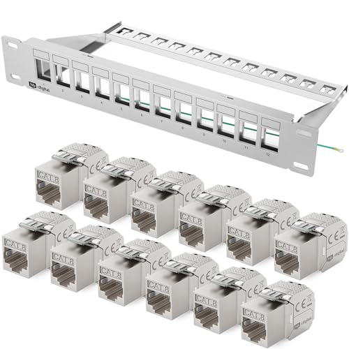 hb-digital Patchpanel 12 Port 1HE Netzwerk Patchfeld mit 12x CAT 8 Keystone Modulen RJ45 Buchsen für Ethernet LAN Kabel 40 Gbit geeignet 10 Zoll Rackmontage, Netzwerkschrank - Hellgrau von HB-DIGITAL