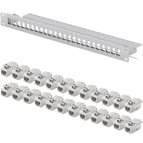 hb-digital Patchpanel 24 Port 1HE Netzwerk Patchfeld mit 24x CAT 6a Keystone Modulen RJ45 Buchsen für Ethernet LAN Kabel 10 Gbit geeignet 19 Zoll Rackmontage Netzwerkschrank - Hellgrau von HB-DIGITAL