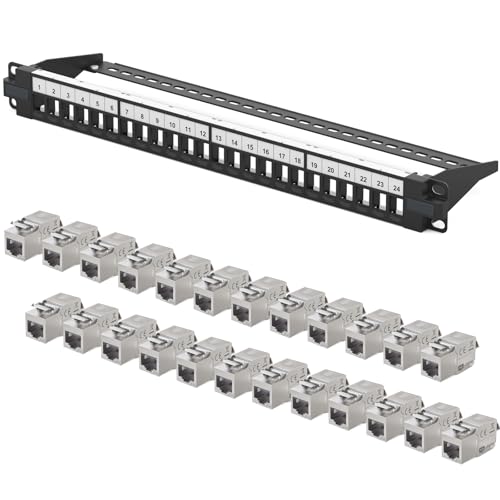 hb-digital Patchpanel 24 Port 1HE Netzwerk Patchfeld mit 24x CAT 6a Keystone Modulen RJ45 Buchsen für Ethernet LAN Kabel 10 Gbit geeignet 19 Zoll Rackmontage Netzwerkschrank - Schwarz von HB-DIGITAL