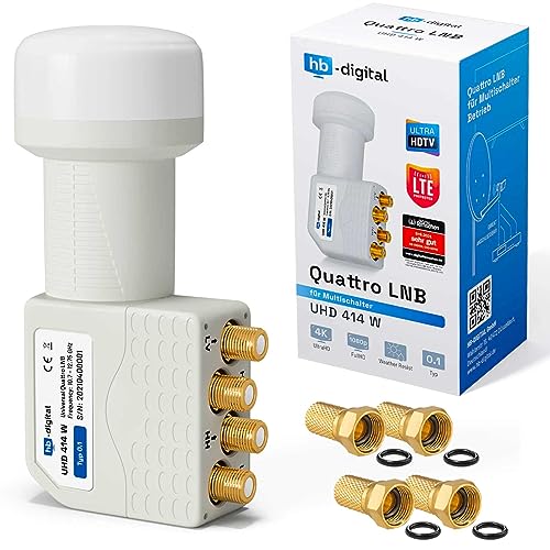 hb-digital Quattro LNB Einsatz nur für Multischalterbetrieb (Test SEHR GUT *) LNC für Multischalter Multiswitch LTE Protected Digital Satelliten Full HDTV 3D 4K UHD Wetterschutz Weiß + 4X F-Stecker von HB-DIGITAL