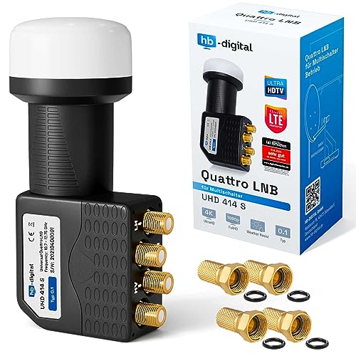 hb-digital Quattro LNB Einsatz nur für Multischalterbetrieb (Test SEHR GUT *) für Multischalter Multiswitch LTE Protected Digital Sat Full HDTV 3D 4K UHD Wetterschutz Schwarz + 4X F-Stecker von HB-DIGITAL