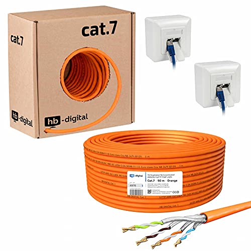 hb-digital SET 50m CAT.7 Netzwerkkabel LAN Verlegekabel AWG 23 Reines Kupfer S/FTP PiMF LSZH Halogenfrei RoHS-Compliant Ethernet PoE 10Gbit/s 1000MHz Orange + 2x Netzwerkdose von HB-DIGITAL