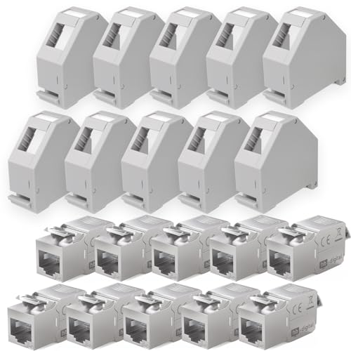 hb-digital Set: 10x Cat.6a Keystone Modul RJ45 + 10x Hutschienenadapter Keystone-Halterung für Hutschiene 35mm Standard | RJ35-Jack geschirmt werkzeuglose Montage Ethernet LAN Netzwerk STP LSA von HB-DIGITAL