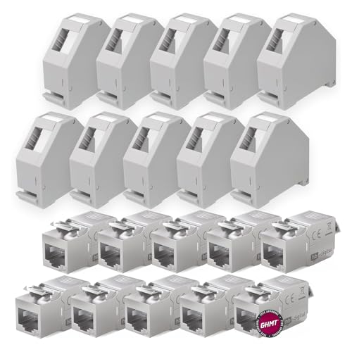 hb-digital Set: 10x Cat.6a Keystone Modul RJ45 + 10x Hutschienenadapter Keystone-Halterung für Hutschiene 35mm Standard | RJ35-Jack geschirmt werkzeuglose Montage Ethernet LAN Netzwerk STP LSA von HB-DIGITAL