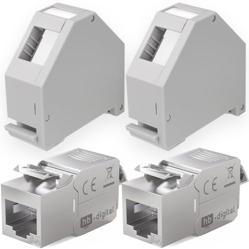 hb-digital Set: 2X Cat.6a Keystone Modul RJ45 + 2X Hutschienenadapter Keystone-Halterung für Hutschiene 35mm Standard | RJ35-Jack geschirmt werkzeuglose Montage Ethernet LAN Netzwerk STP LSA von HB-DIGITAL