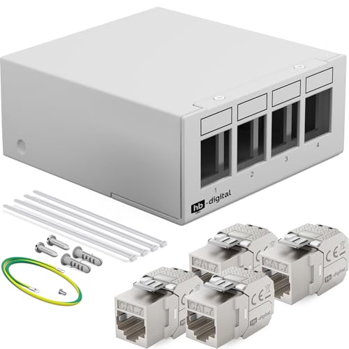 HB-DIGITAL 4-Port Patchpanel Patchfeld Verteilerfeld 1 HE 4X CAT 7 RJ45 Keystone Jack Modul vollgeschirmt STP 10 Gbps Kompatibel mit Verlegekabel Netzwerkkabel Ethernet LAN - Hellgrau von HB-DIGITAL