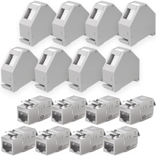 hb-digital Set: 8X Cat.6a Keystone Modul RJ45 + 8X Hutschienenadapter Keystone-Halterung für Hutschiene 35mm Standard | RJ35-Jack geschirmt werkzeuglose Montage Ethernet LAN Netzwerk STP LSA von HB-DIGITAL