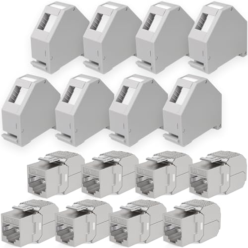 hb-digital Set: 8X Cat.7 Keystone Modul RJ45 + 8X Hutschienenadapter Keystone-Halterung für Hutschiene 35mm Standard | RJ45-Jack geschirmt werkzeuglose Montage Ethernet LAN Netzwerk STP LSA von HB-DIGITAL