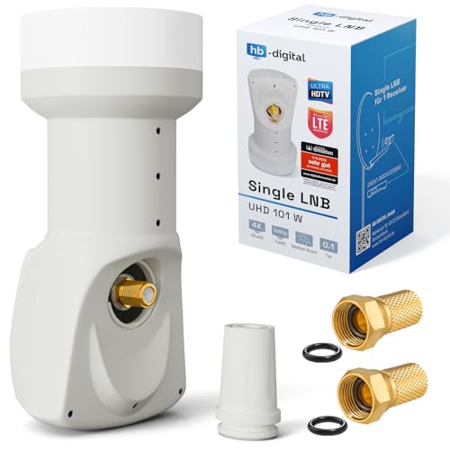 hb-digital Single LNB (Test SEHR GUT *) LNC Kopf 1 Teilnehmer Direkt LTE Protected Satelliten Digital Sat Full HD TV 3D 4K UHD Kontakte vergoldet Wetterschutz Weiß White + 2X F-Stecker von HB-DIGITAL