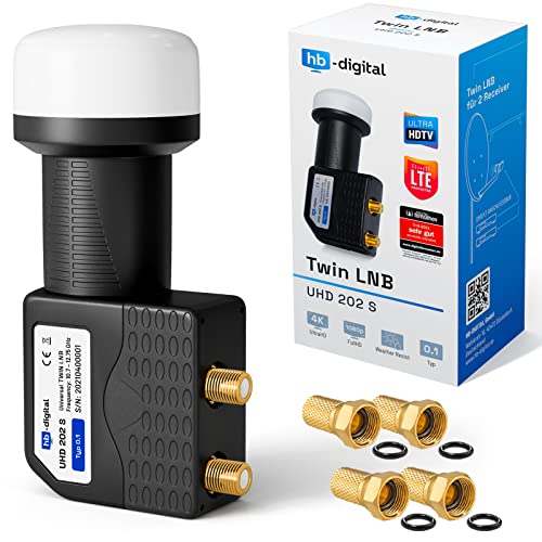 hb-digital Twin LNB - Test SEHR GUT* - für 2 Teilnehmer LTE Filter 2-Fach Full HD 4K 0.1dB mit Wetterschutz + 4X F-Stecker für TV Fernseher SAT Receiver Satellitenschüssel - Schwarz von HB-DIGITAL